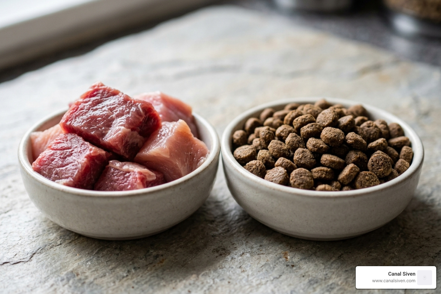 Comparison of fresh meat chunks to dry brown kibble pellets - cat fresh food diet