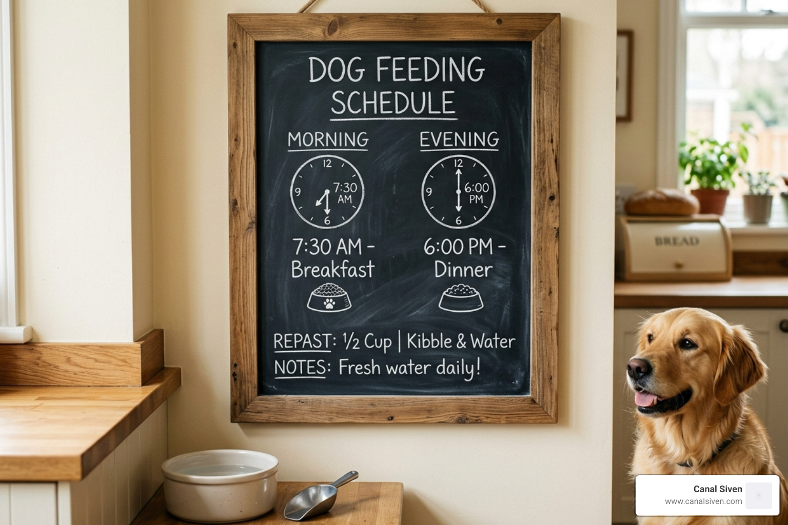 dog feeding schedule written on a chalkboard showing morning and evening times - dog diet plan
