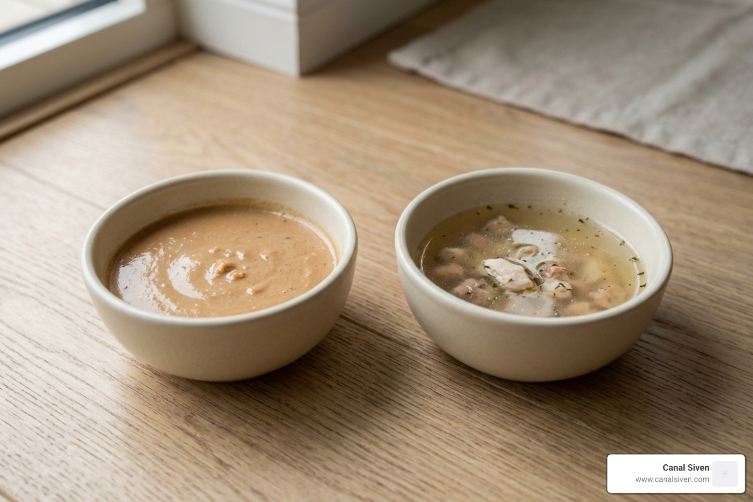 Liquid cat food texture variety showing smooth bisque and light broth - liquid cat food for senior cats