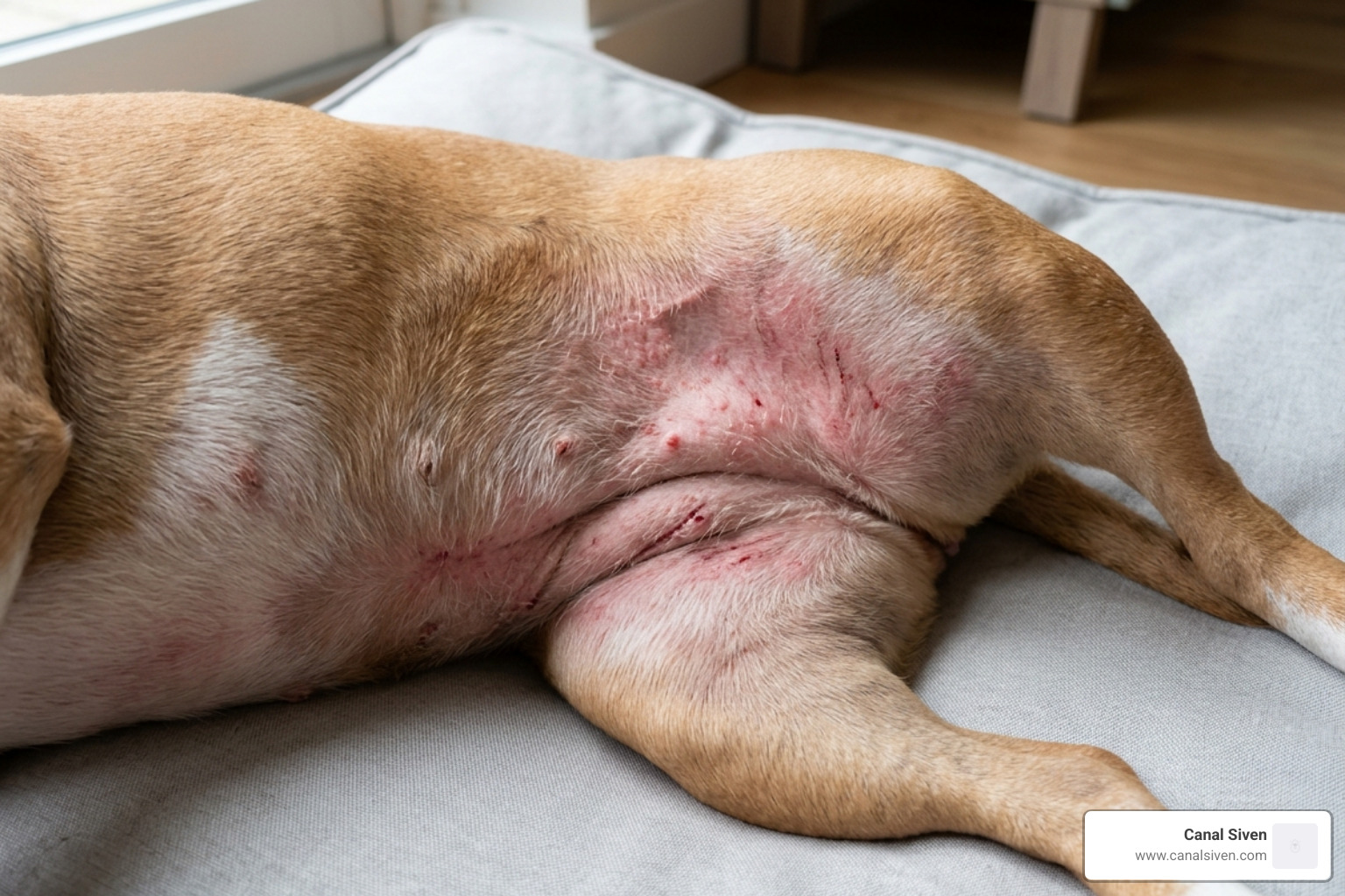 Dog with skin inflammation and redness on the belly - hypoallergenic pet food