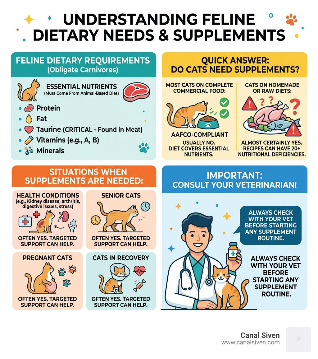 Infographic showing feline dietary requirements and when supplements are needed - feline nutritional supplement infographic 