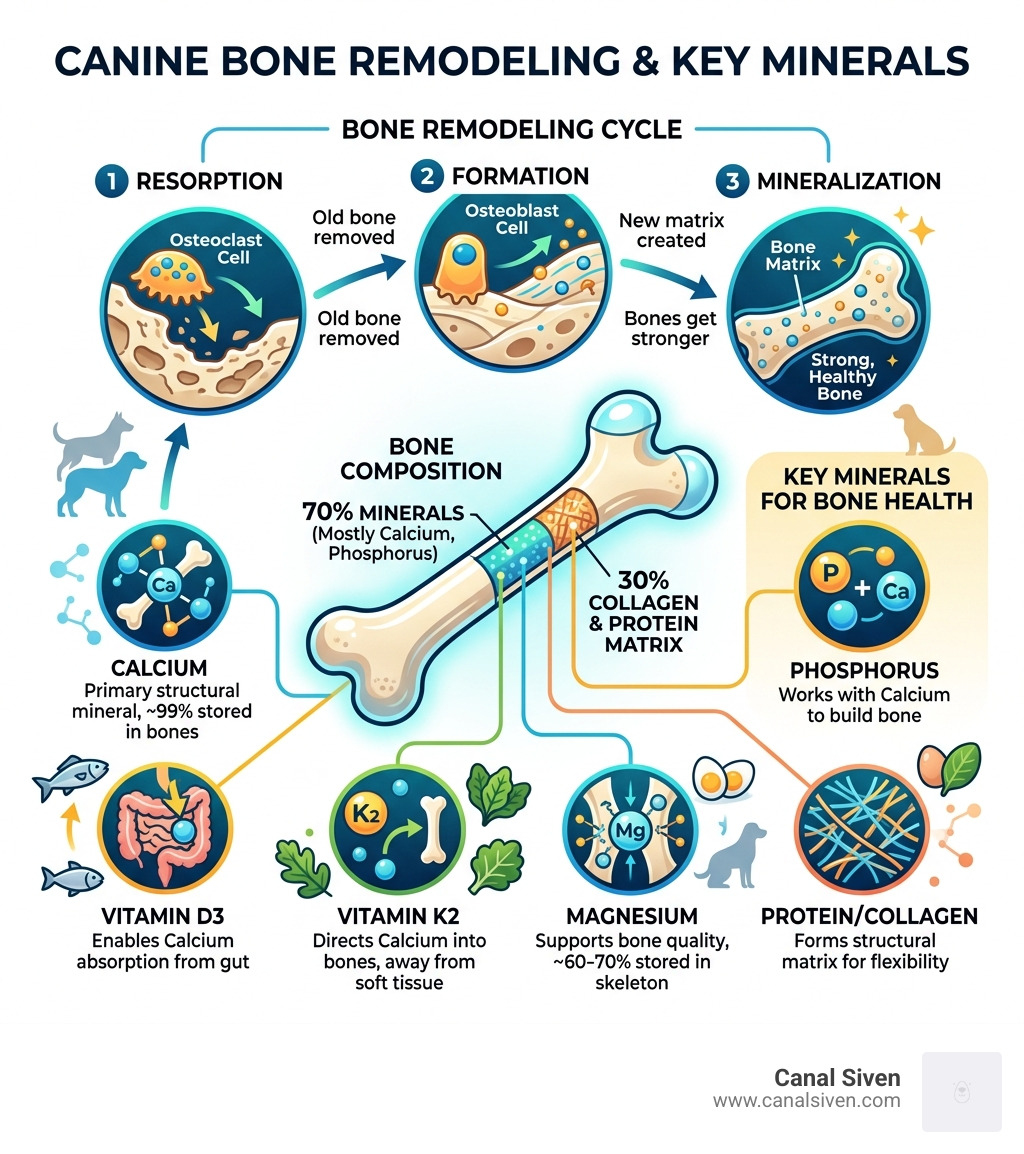 Infographic showing bone remodeling process, key minerals, and their roles in canine skeletal health - bone density dog