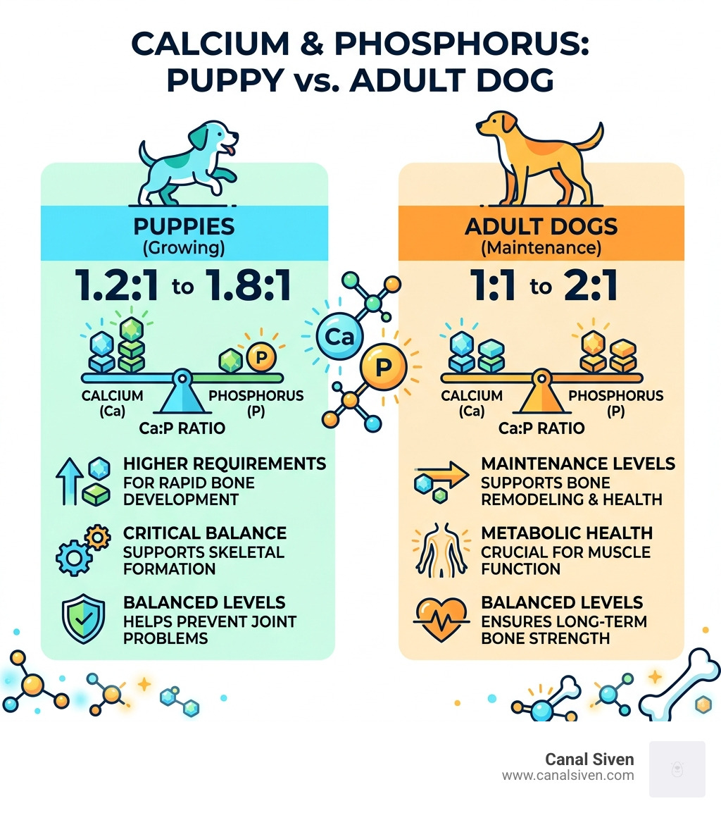 Infographic comparing calcium and phosphorus requirements for puppies versus adult dogs - bone density dog nutrition
