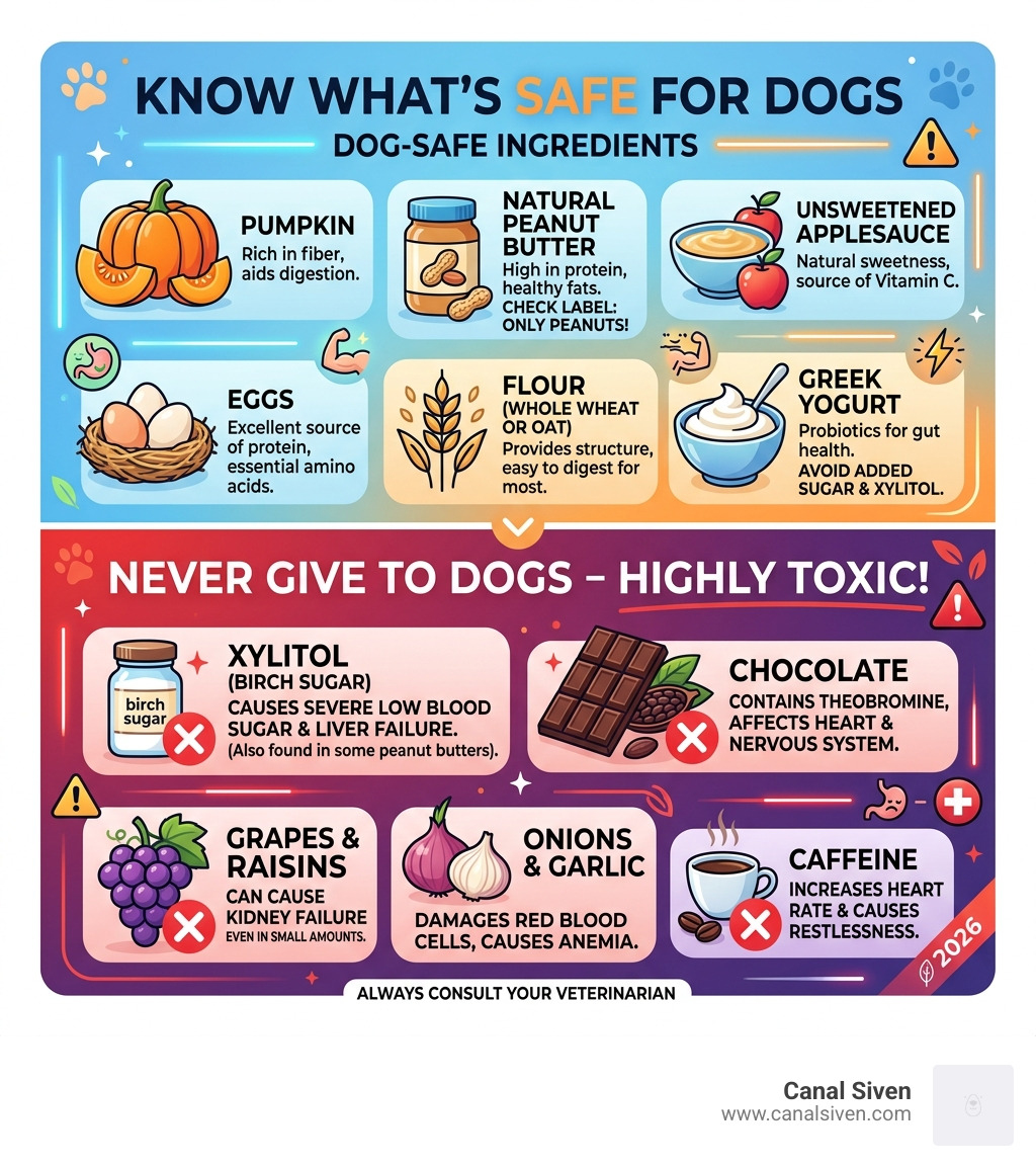 Infographic explaining dog-safe ingredients like pumpkin and peanut butter vs toxic ingredients like xylitol and chocolate