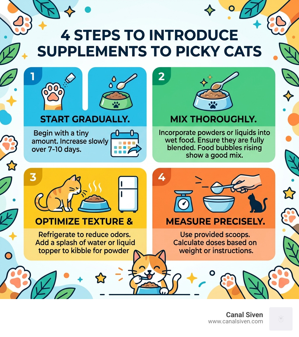 Infographic showing the 4-step process for introducing supplements to picky cats - feline nutritional supplement infographic 