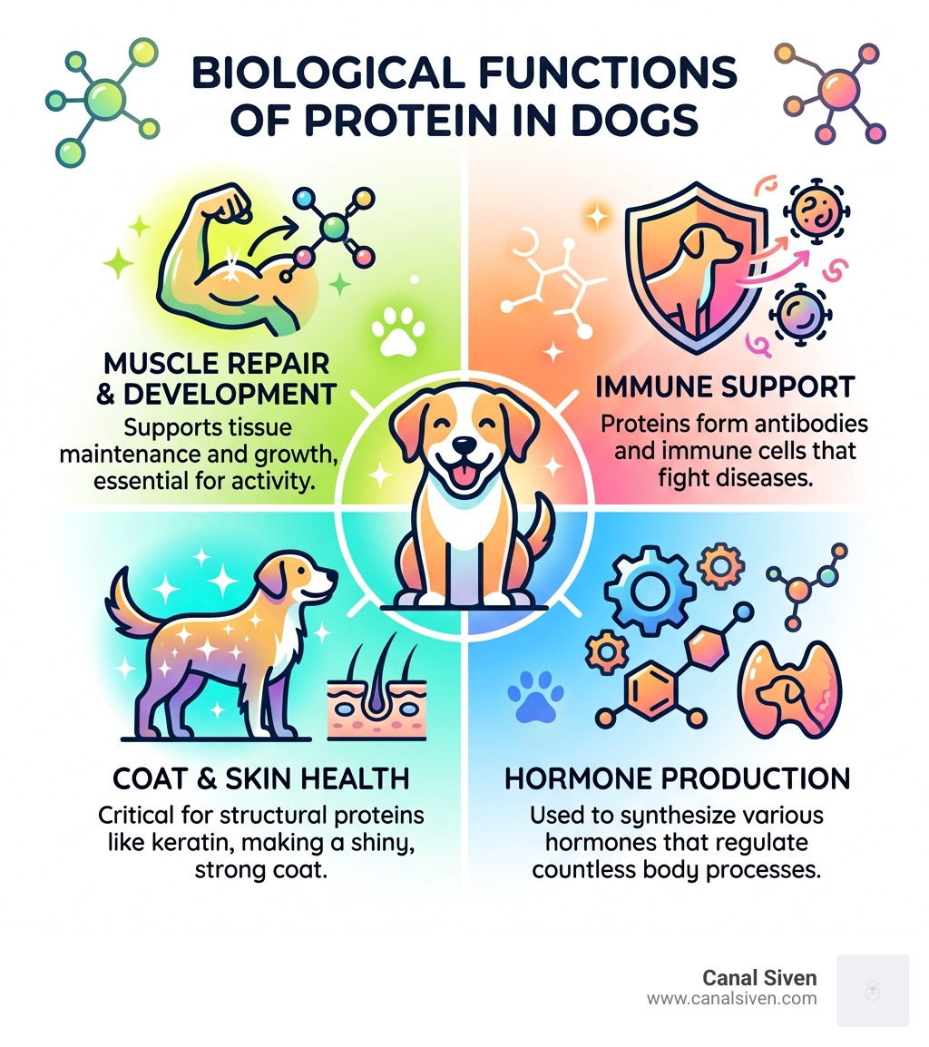 Infographic showing protein's biological functions in dogs including muscle repair, immune support, coat health, and hormone