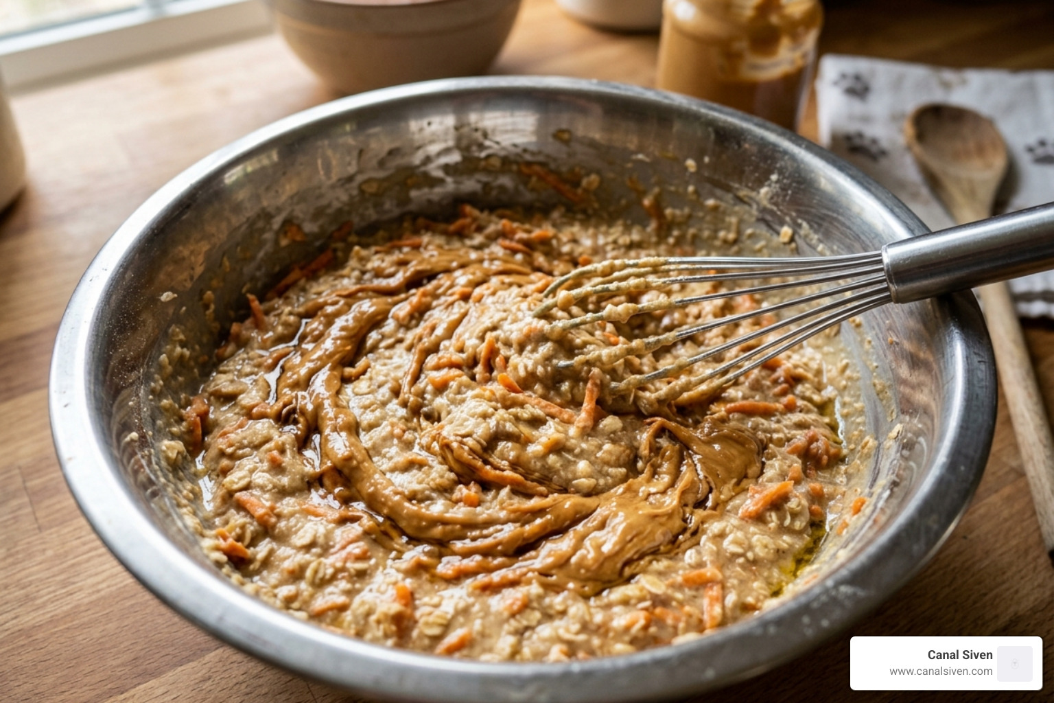 Close up of raw dog cake batter with shredded carrots and peanut butter - dog birthday cake recipe peanut butter