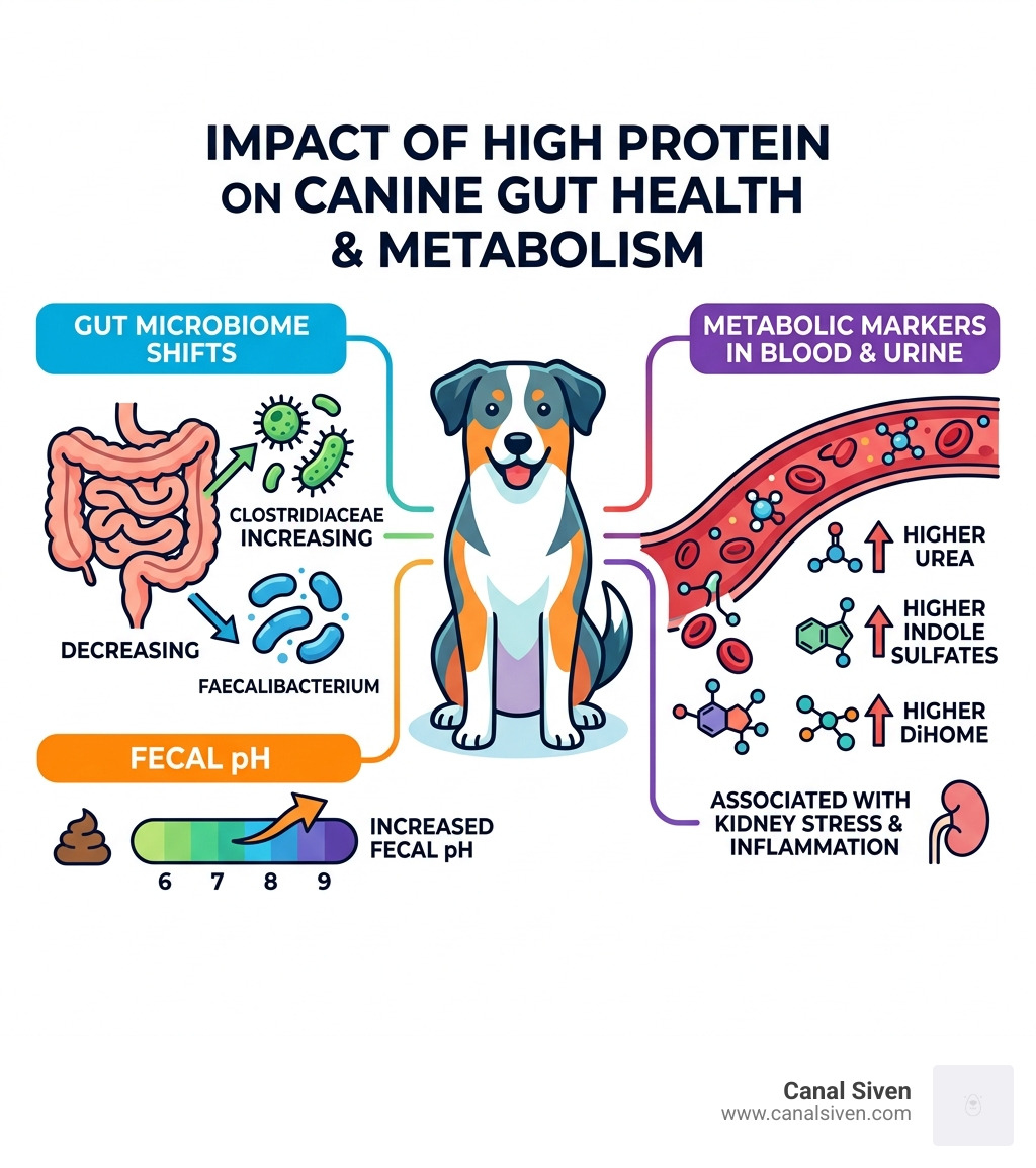 Infographic showing the impact of high protein on the canine gut microbiome and metabolic markers - protein and dogs