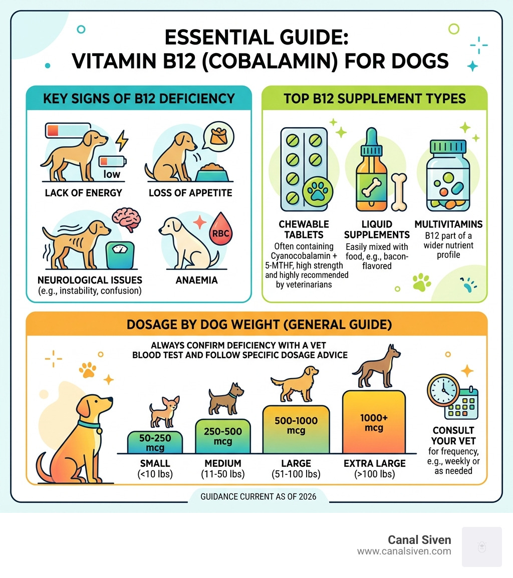 infographic showing top B12 supplements for dogs, key signs of deficiency, and dosage by weight - best vitamin b12