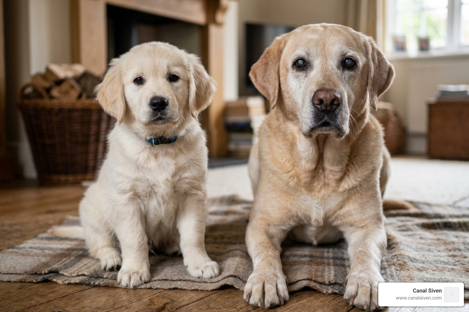 A puppy and a senior dog sitting together to illustrate different life stage needs - protein and dogs