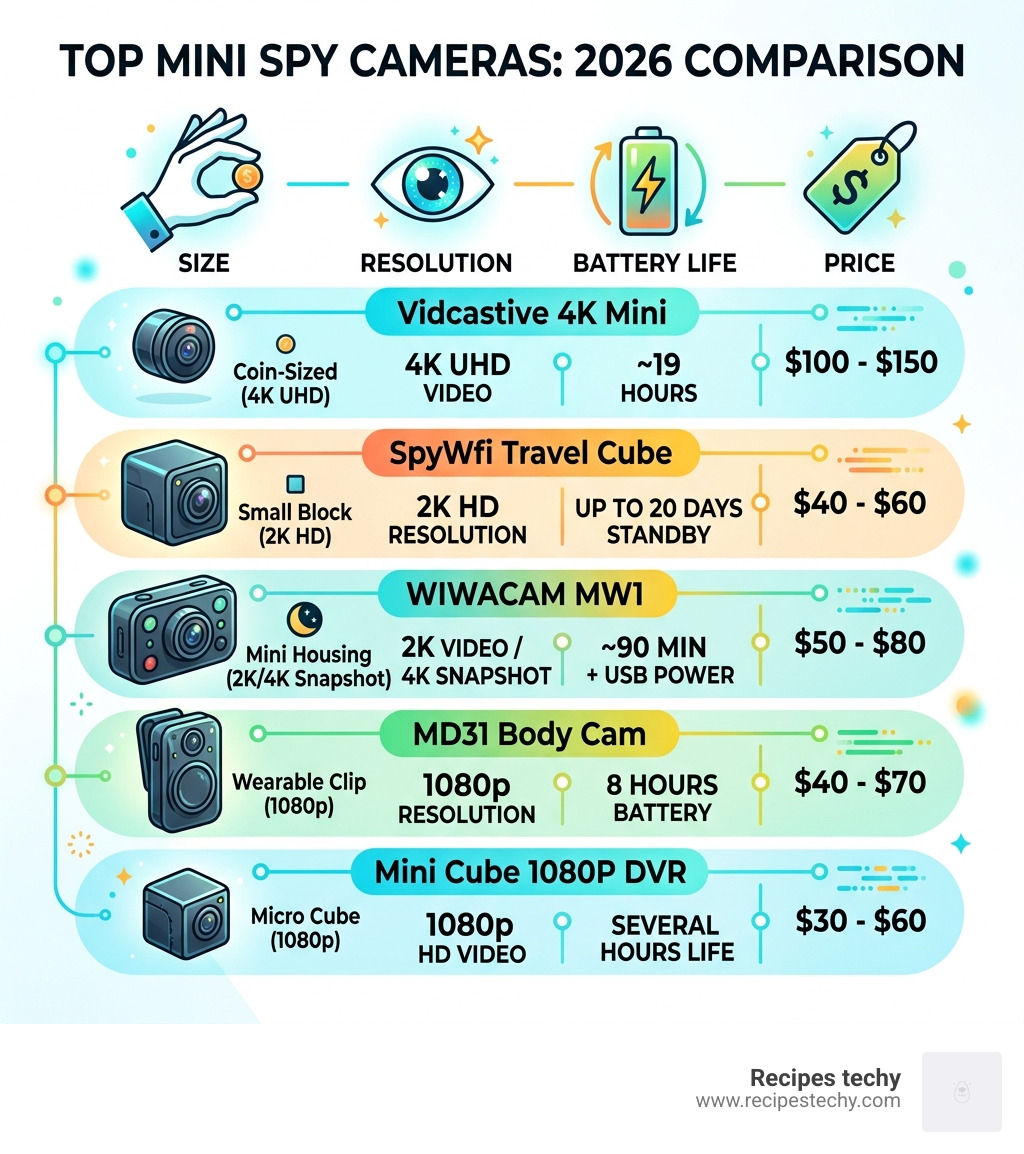 Top mini spy cameras compared by size, resolution, battery life, and price in 2026 - best mini spy camera infographic 