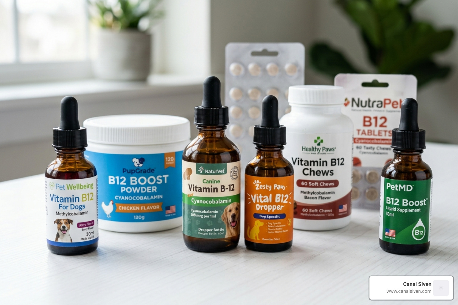 various dog B12 supplement bottles including liquids, powders, and chewable tablets - best vitamin b12 supplement for dogs