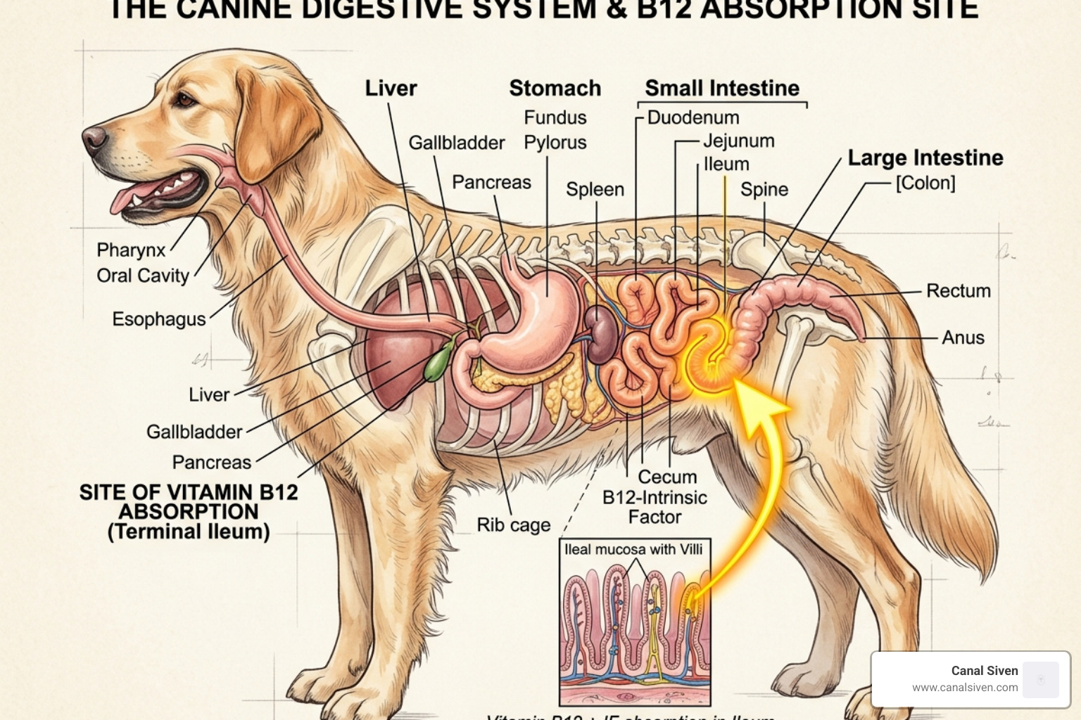 illustration of a dog's digestive system showing B12 absorption in the small intestine - best vitamin b12 supplement for dogs