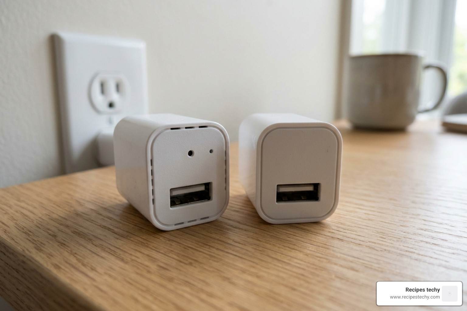 A USB wall charger camera sitting next to a standard charger for comparison - best mini spy camera