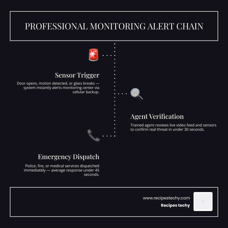Professional monitoring alert chain from sensor trigger to emergency dispatch - best monitored home security system