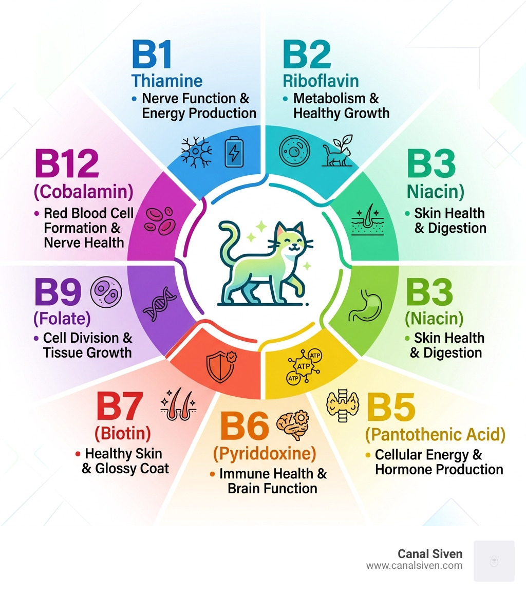 B vitamin family infographic showing each B vitamin and its key role in feline health - b complex for cats infographic 