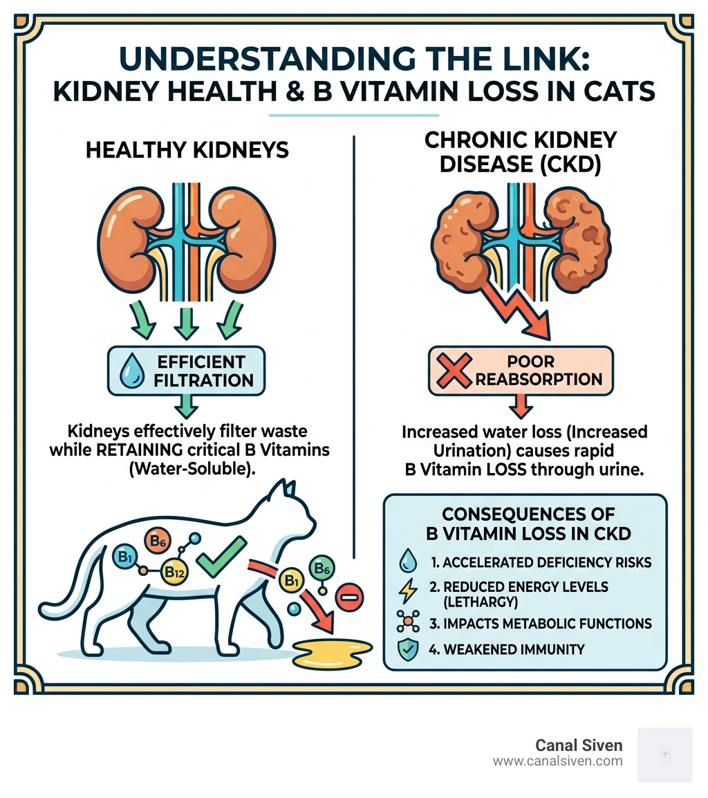 Infographic showing the link between kidney health and B vitamin loss - b complex for cats infographic 