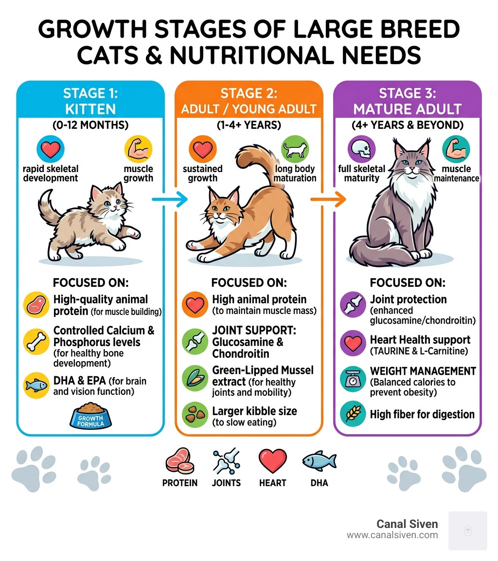 Growth stages of large breed cats from kitten to adult with nutritional needs at each stage - large breed cat food