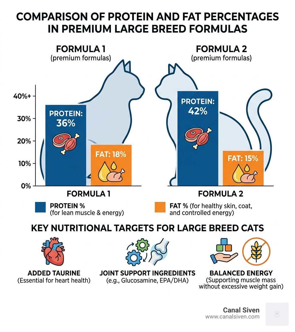 Comparison of protein and fat percentages in premium large breed formulas - large breed cat food infographic 