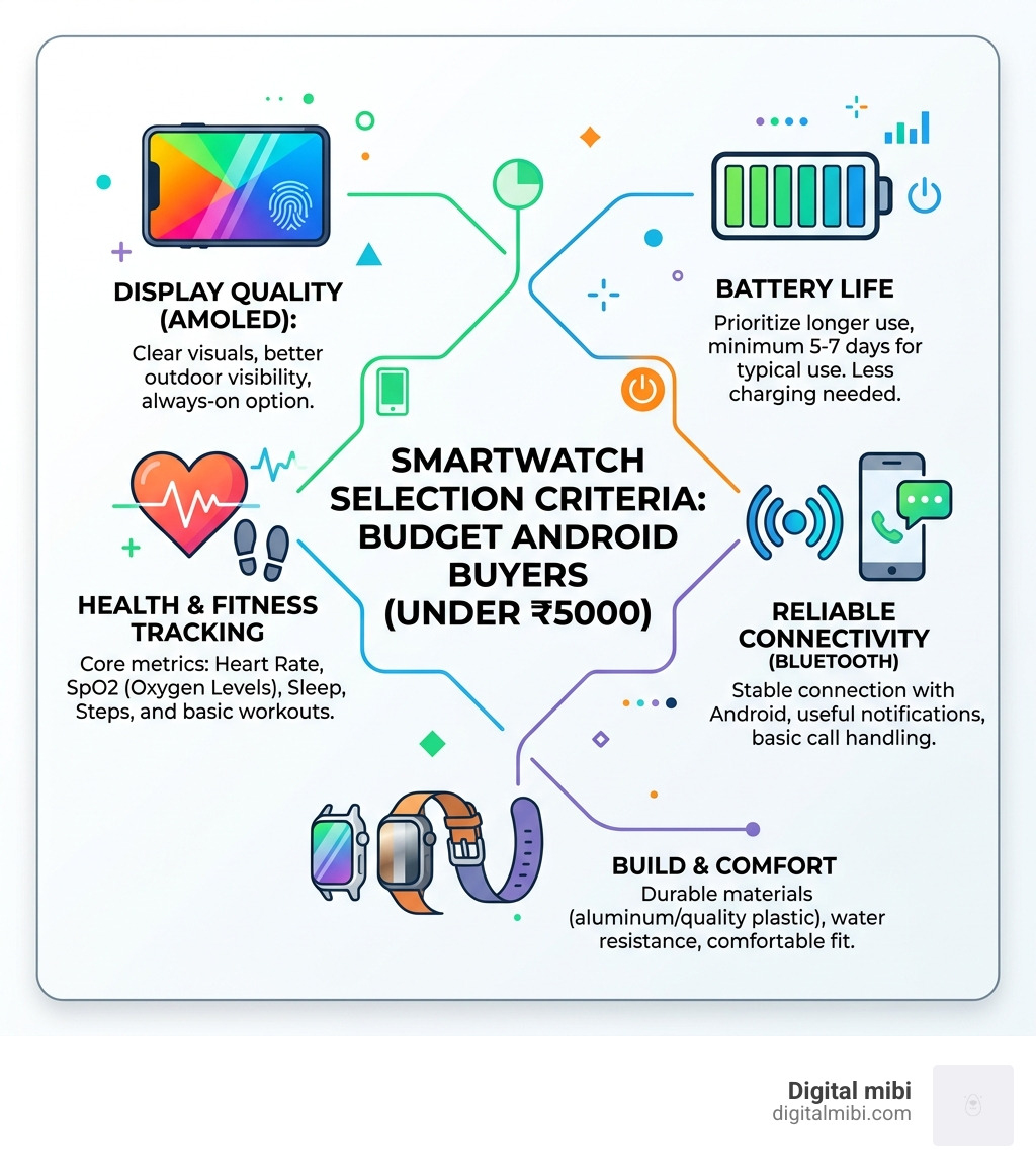 Smartwatch under 5000 rupees selection criteria infographic for budget Android buyers - best android smartwatch under 5000