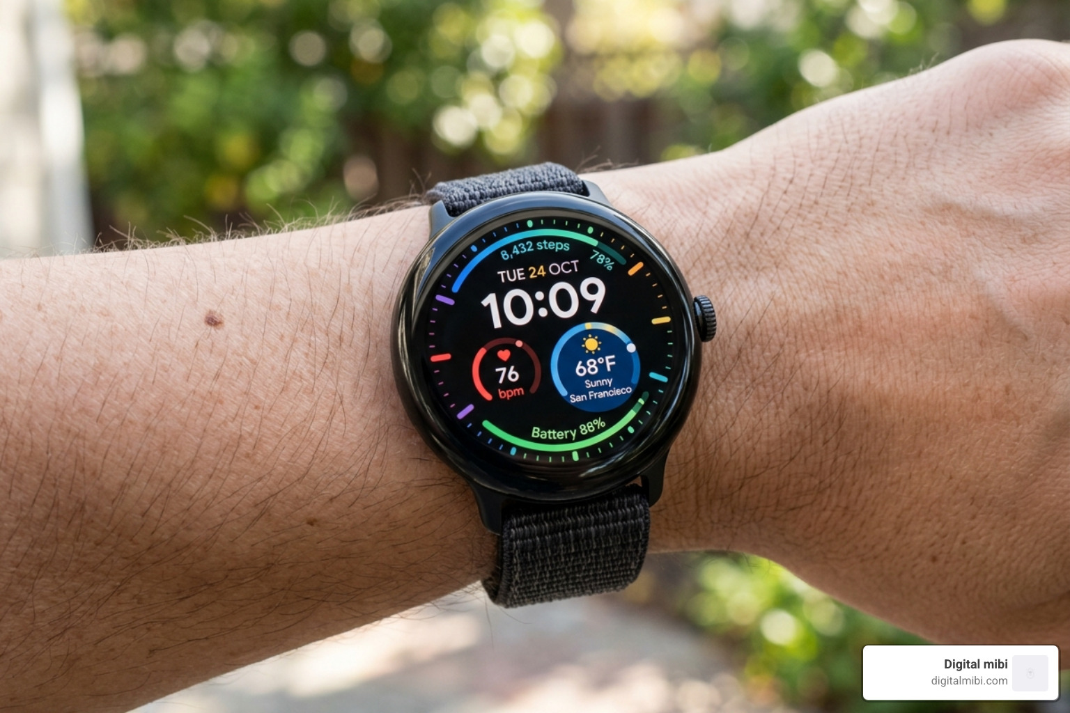A vibrant AMOLED watch face showing high-contrast colors and deep blacks - best android smartwatch under 5000