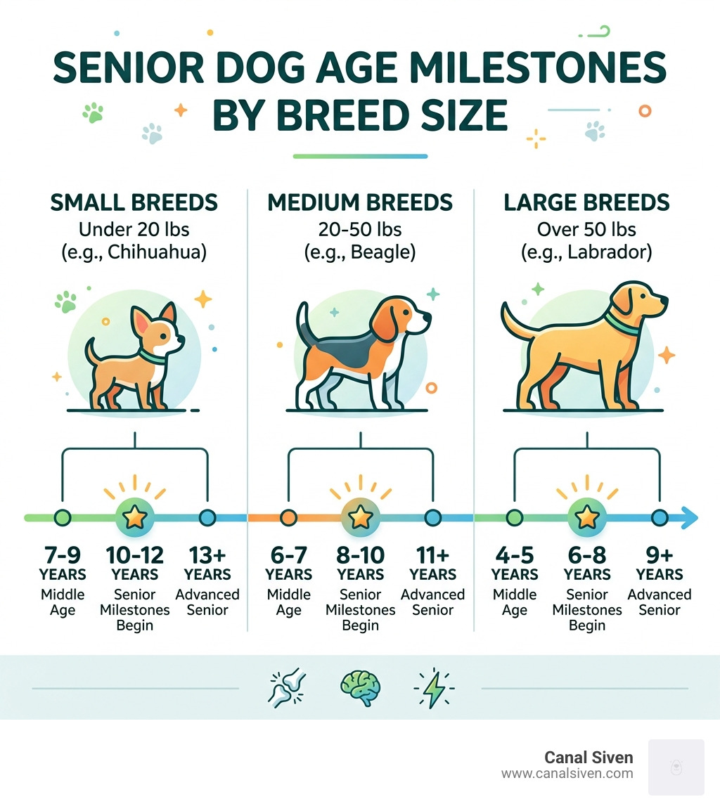 Senior dog age milestones by breed size infographic - best kibble for senior dogs infographic 