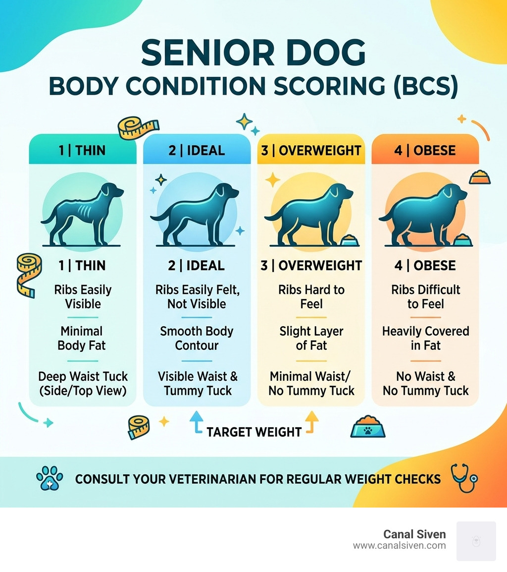 Infographic on body condition scoring for senior dogs - best kibble for senior dogs infographic 