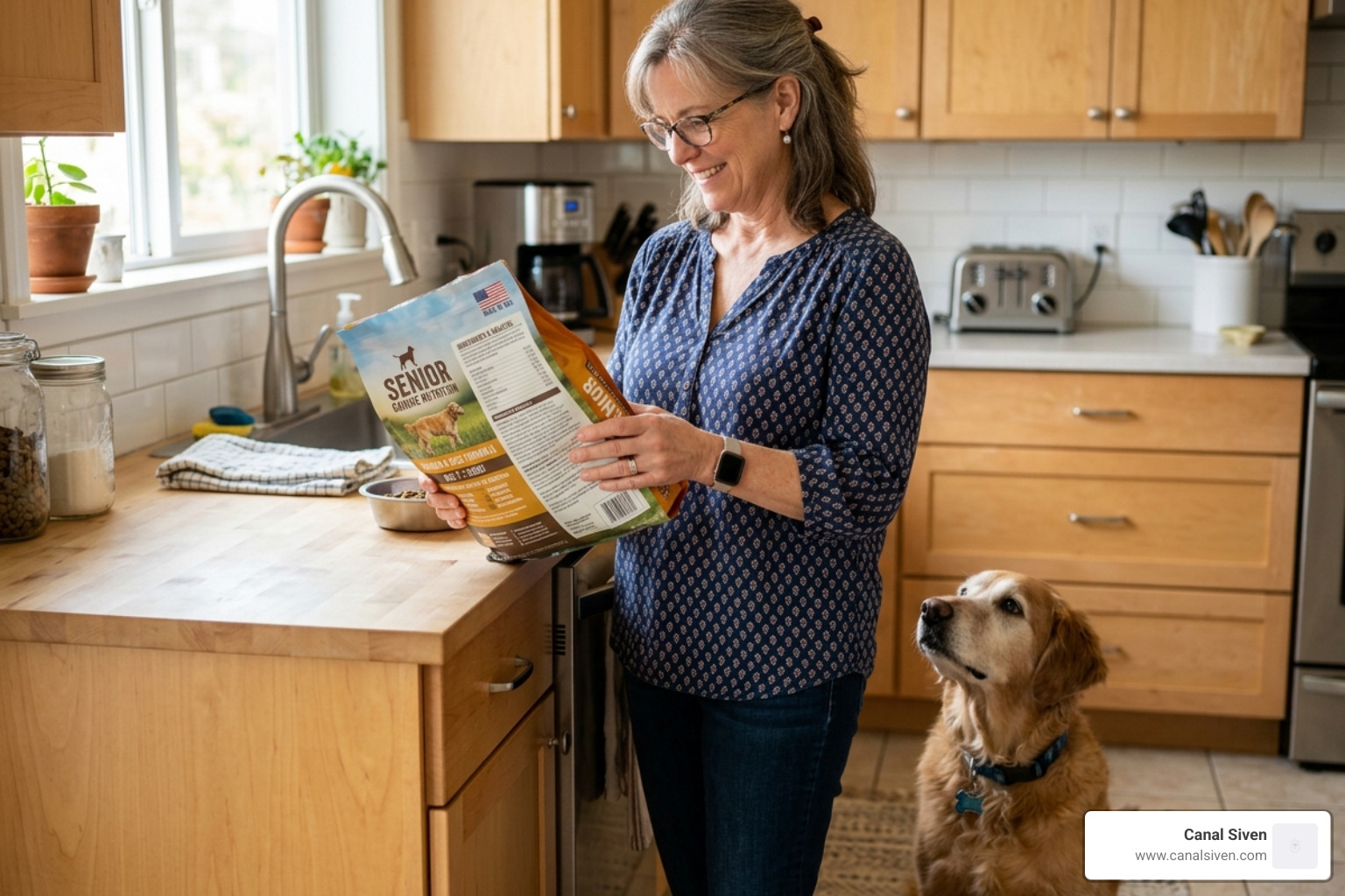 Pet owner reading a kibble ingredient label - best kibble for senior dogs