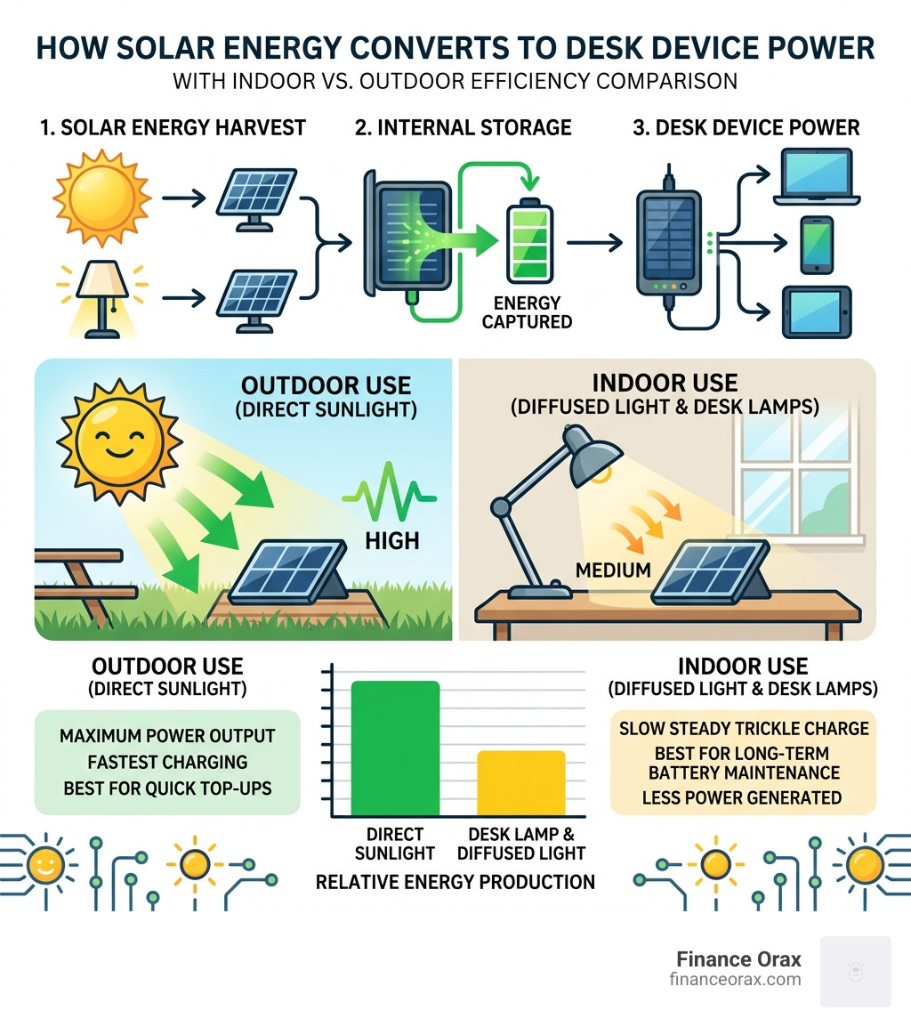 Infographic showing how solar energy converts to desk device power, with indoor vs outdoor efficiency comparison - solar