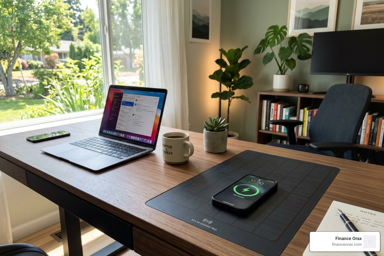 A modern desk featuring an integrated solar writing surface for charging mobile devices - solar powered desk charger