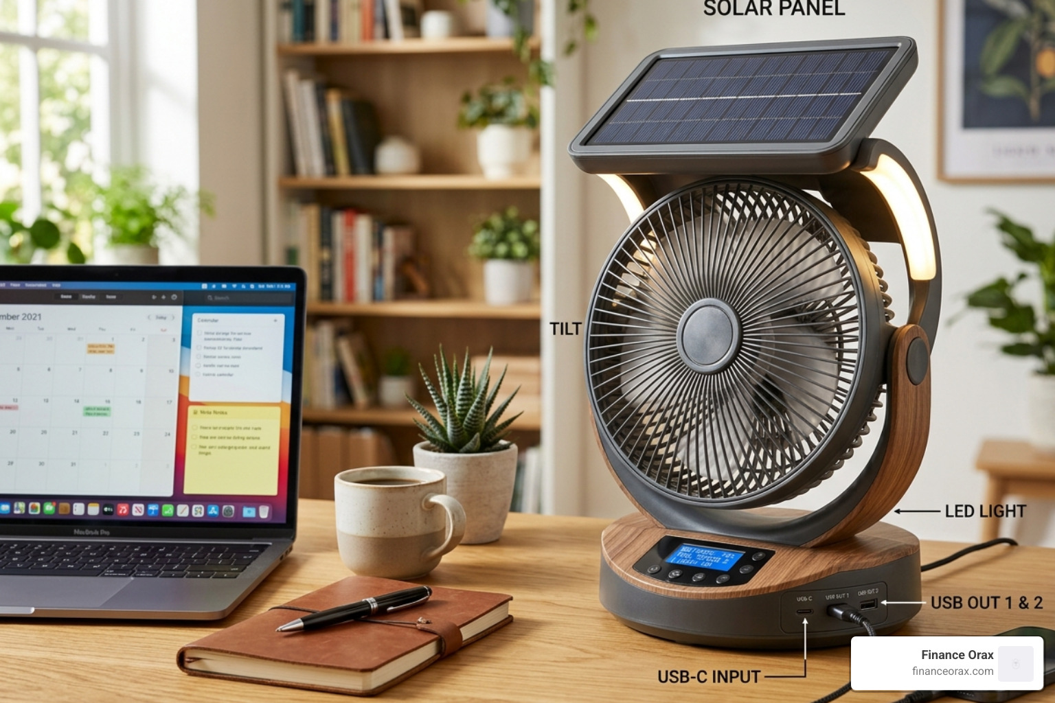 Modern solar fan with integrated LED lights and USB ports - desk fan solar powered
