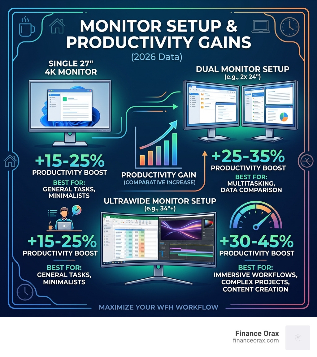 infographic comparing productivity gains of single vs dual vs ultrawide monitors - best wfh setup infographic 