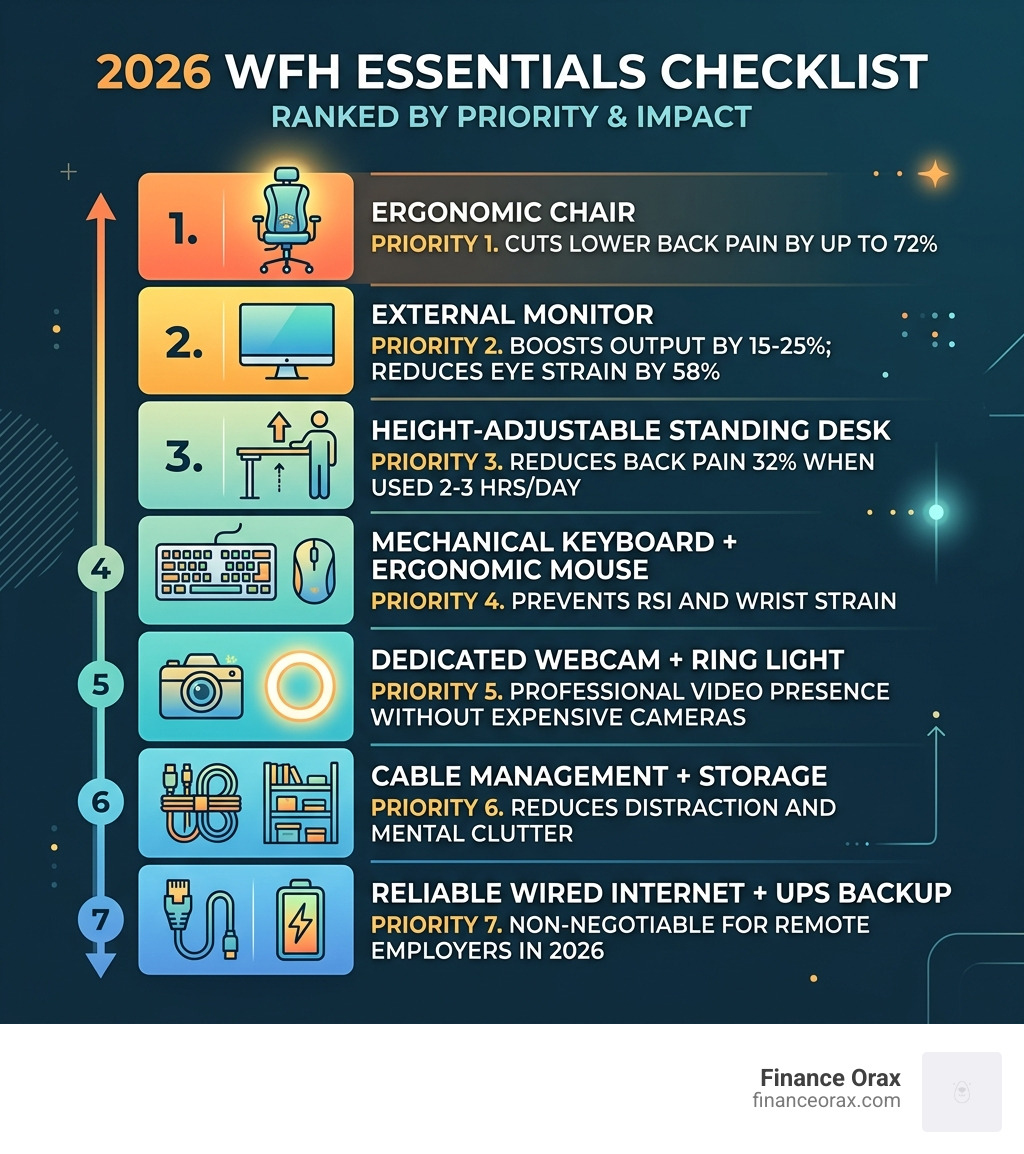 2026 WFH essentials checklist with components ranked by priority and impact - best wfh setup infographic 