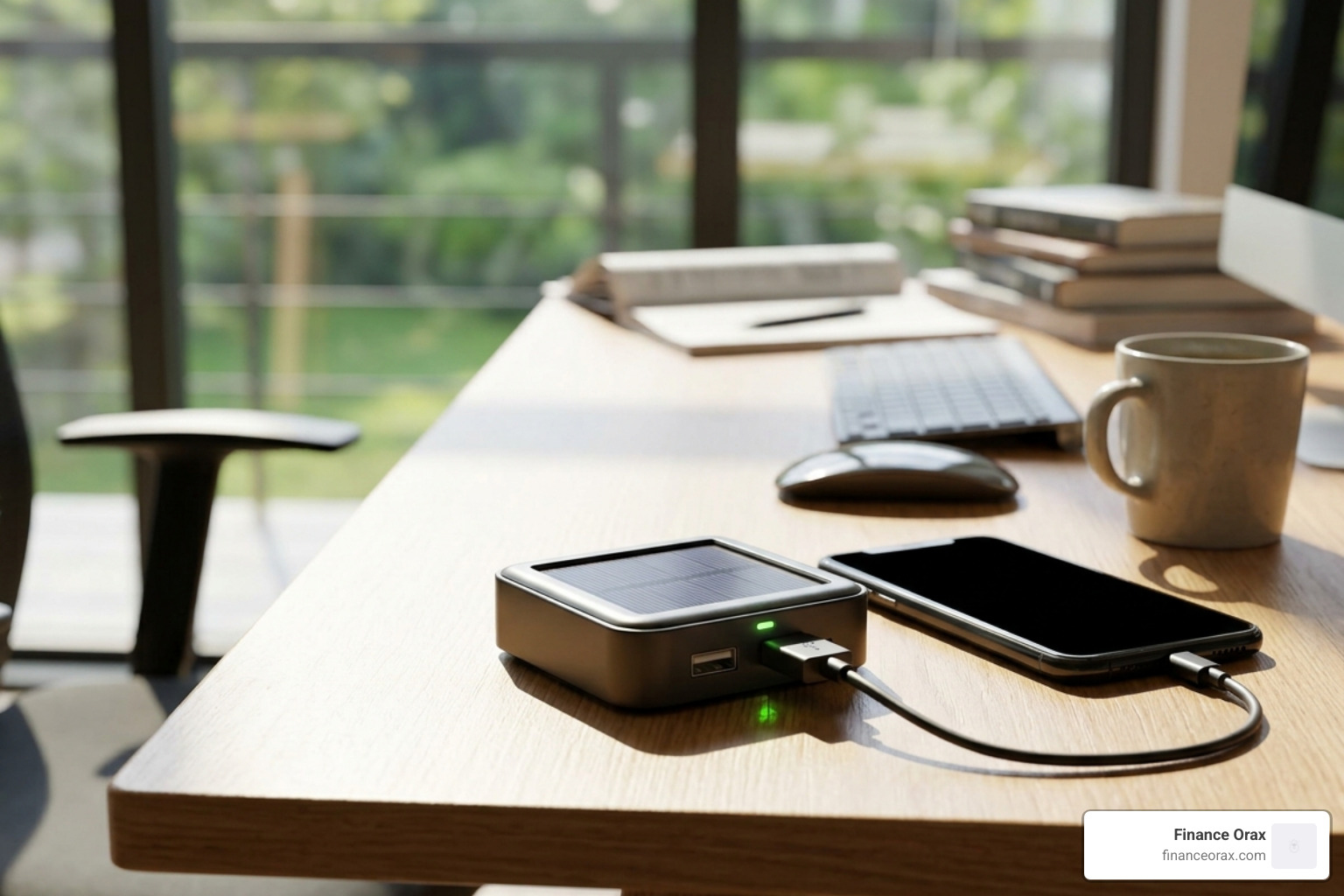 A hybrid solar power station sitting on a desk, connected to a laptop and a small desk lamp - solar powered desk charger