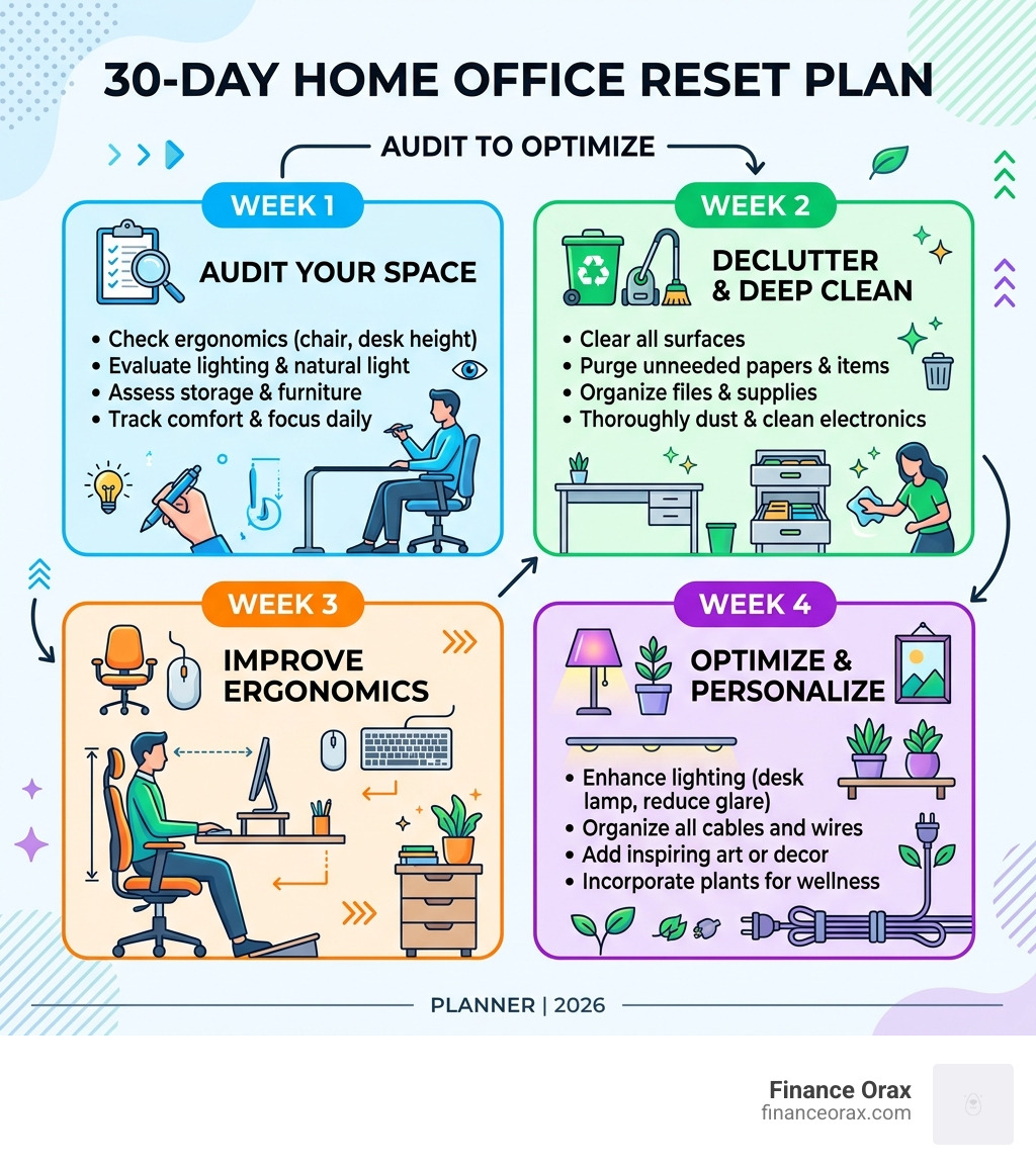 30-day home office reset plan infographic showing weekly steps from audit to optimize - perfect home office setup