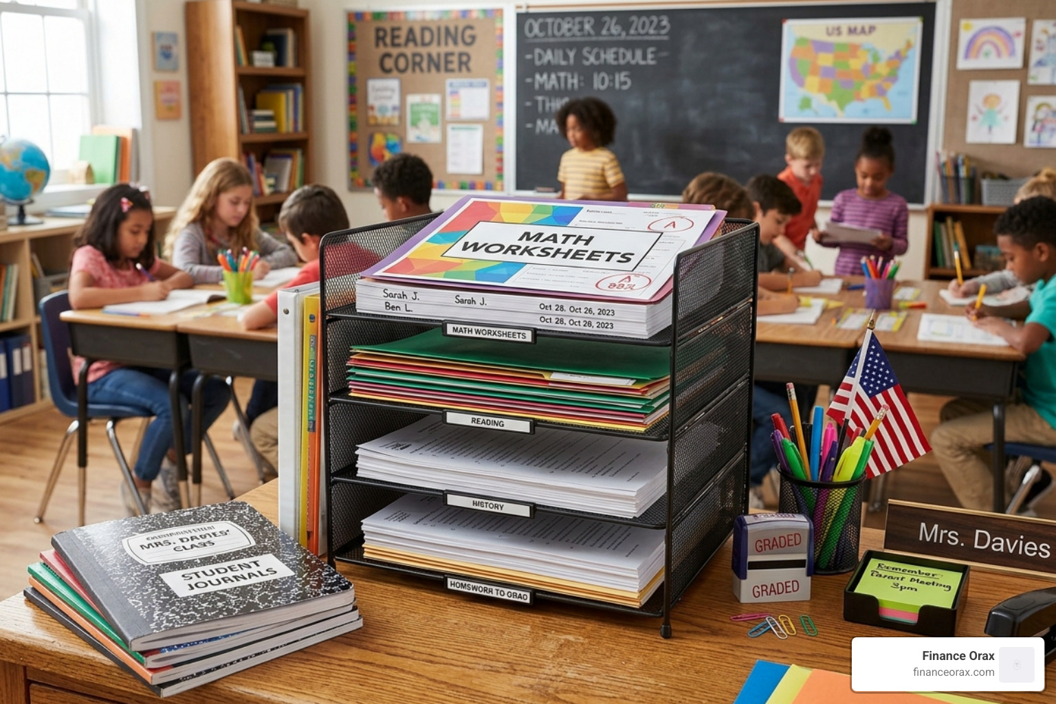 A multi-tier sorter used for classroom paper management - classroom desk organiser