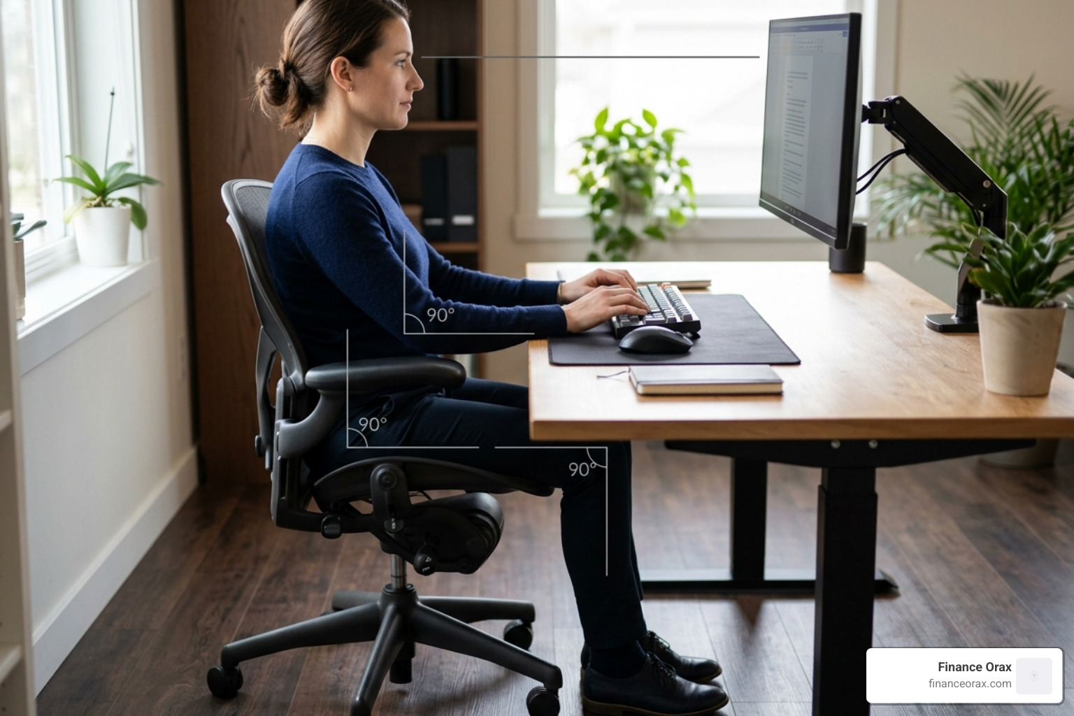 ergonomic workstation layout showing proper angles for sitting and monitor height - perfect home office setup