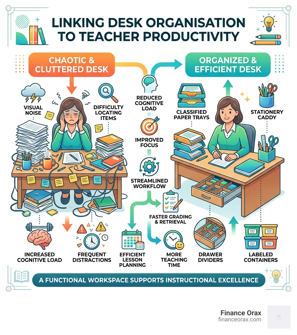 Infographic showing the link between desk organisation and teacher productivity - classroom desk organiser infographic 