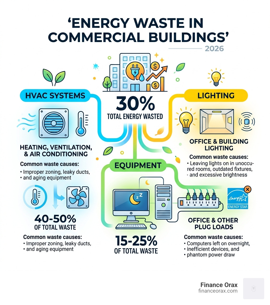 infographic showing 30% energy waste in commercial buildings with breakdown by HVAC lighting and equipment - Energy