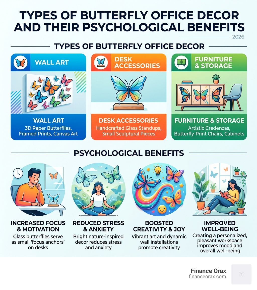 Types of butterfly office decor and their psychological benefits infographic - butterfly office decor infographic 