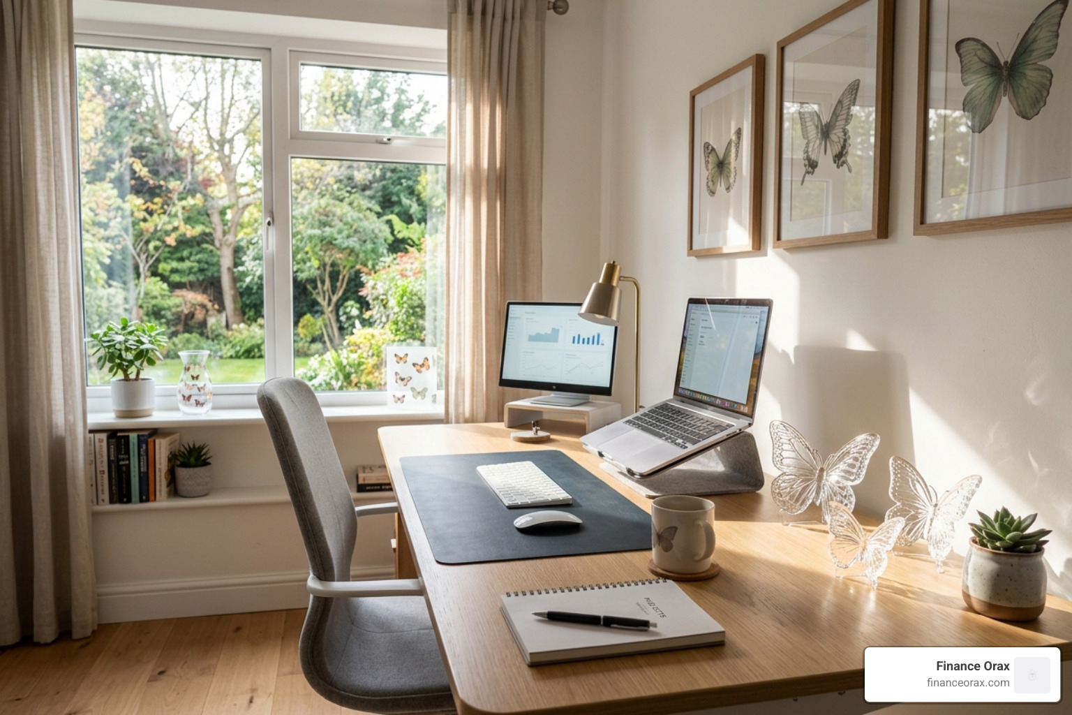 A butterfly-themed desk setup with natural lighting - butterfly office decor