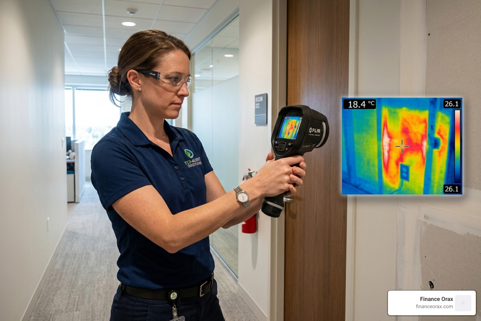 professional energy auditor using thermal imaging camera to detect heat loss in office walls - Energy efficient office