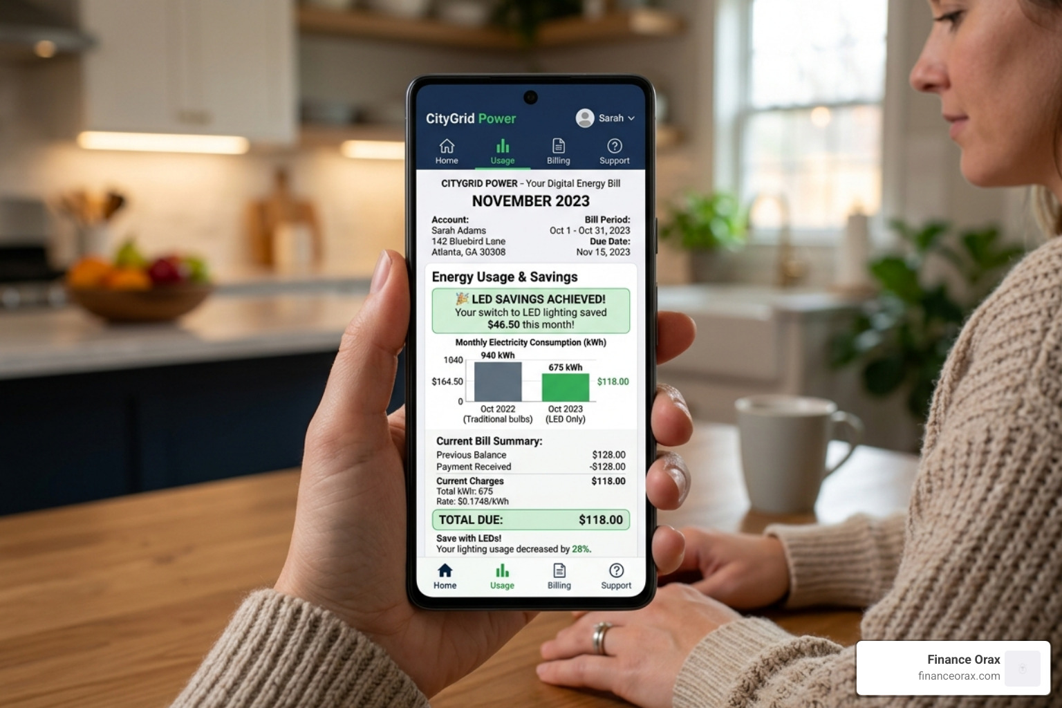 digital utility bill showing energy savings from LED upgrade - Energy efficient lighting