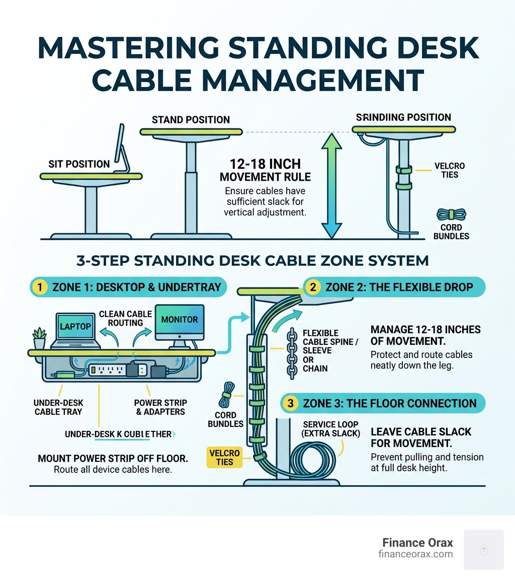 Infographic showing the 3-step standing desk cable zone system and the 12-18 inch movement rule - standing desk cable