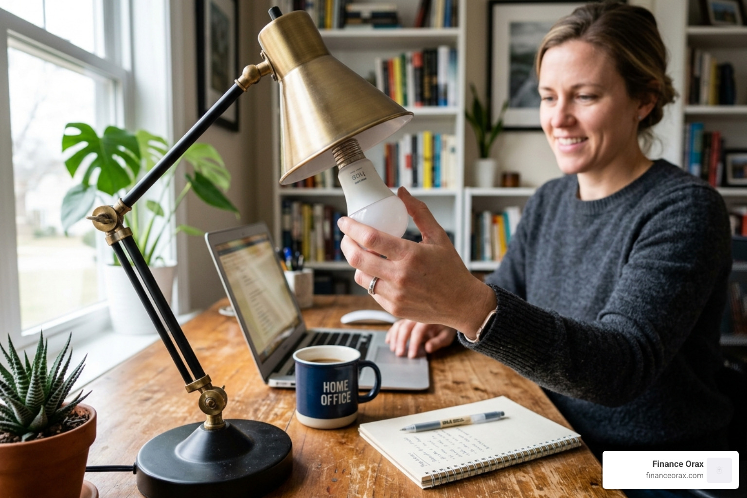 person installing a smart LED bulb in a desk lamp - Energy efficient lighting
