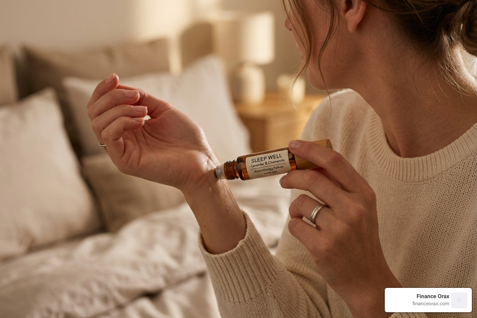 applying an aromatherapy roll-on to pulse points - aromatherapy bedtime wind down