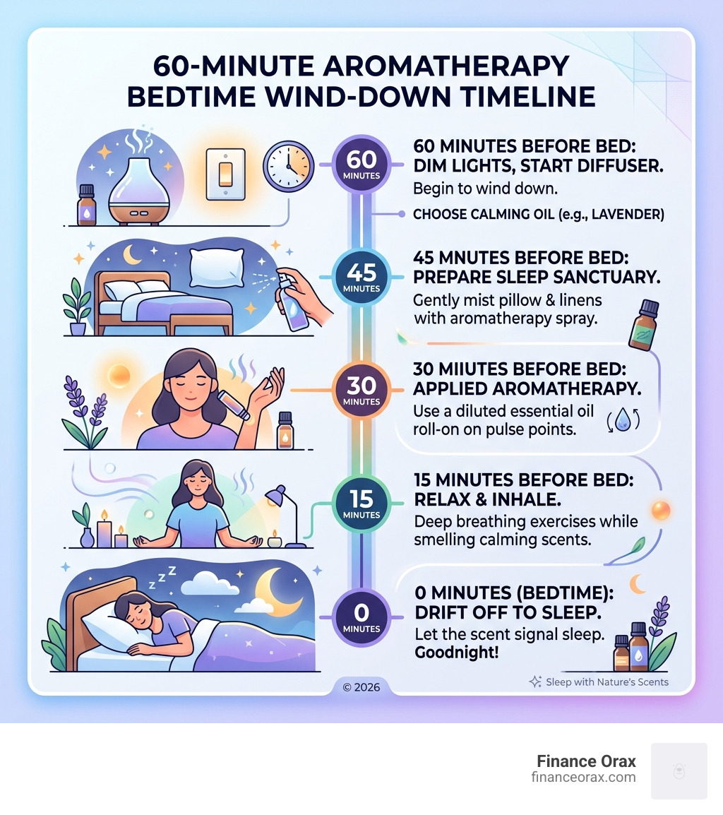 60-minute aromatherapy bedtime wind-down timeline infographic - aromatherapy bedtime wind down infographic 