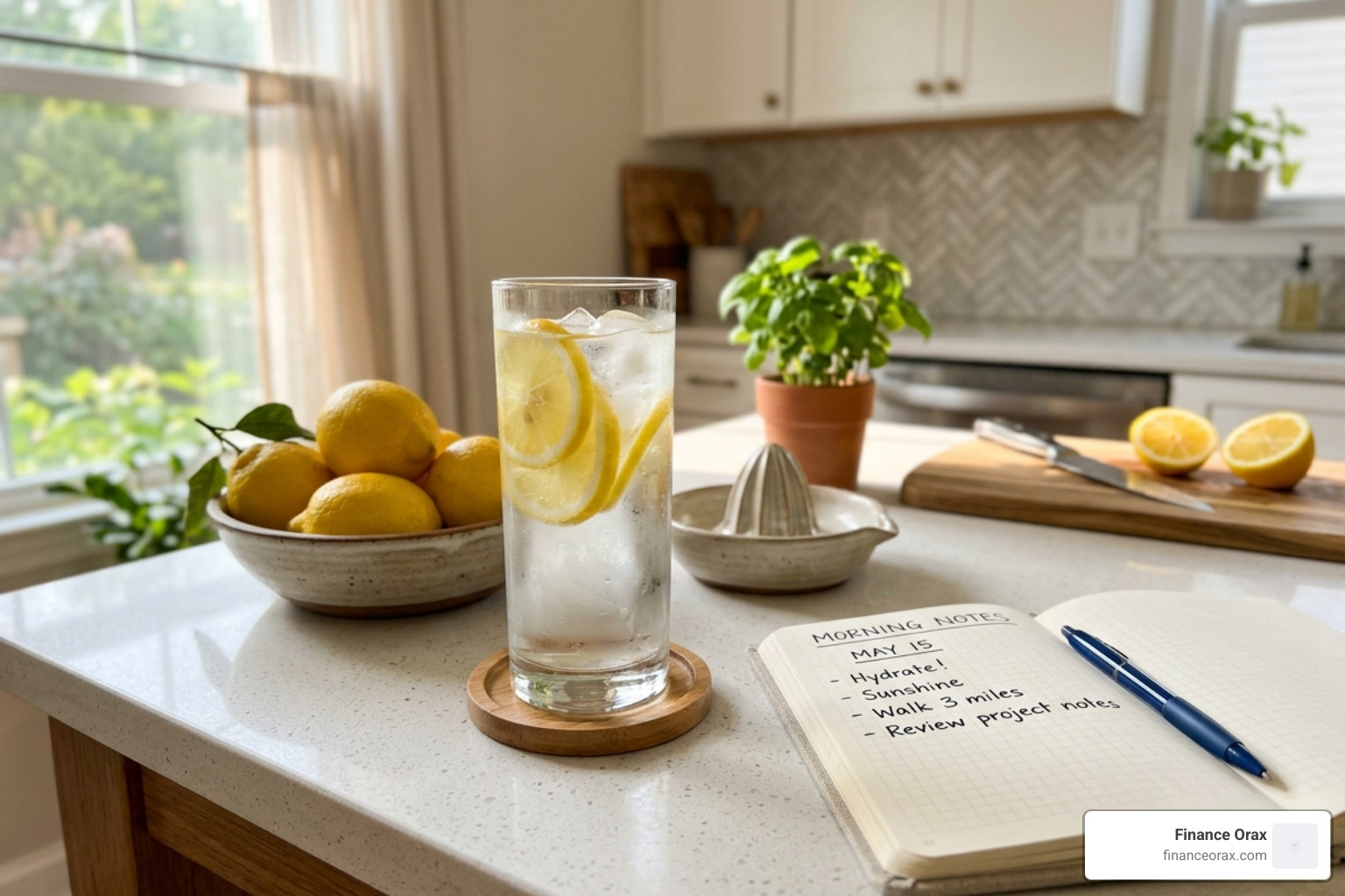 morning hydration station with water lemon and a notebook - Productive daily routine morning hydration station with water lemon and a notebook - Productive daily routine