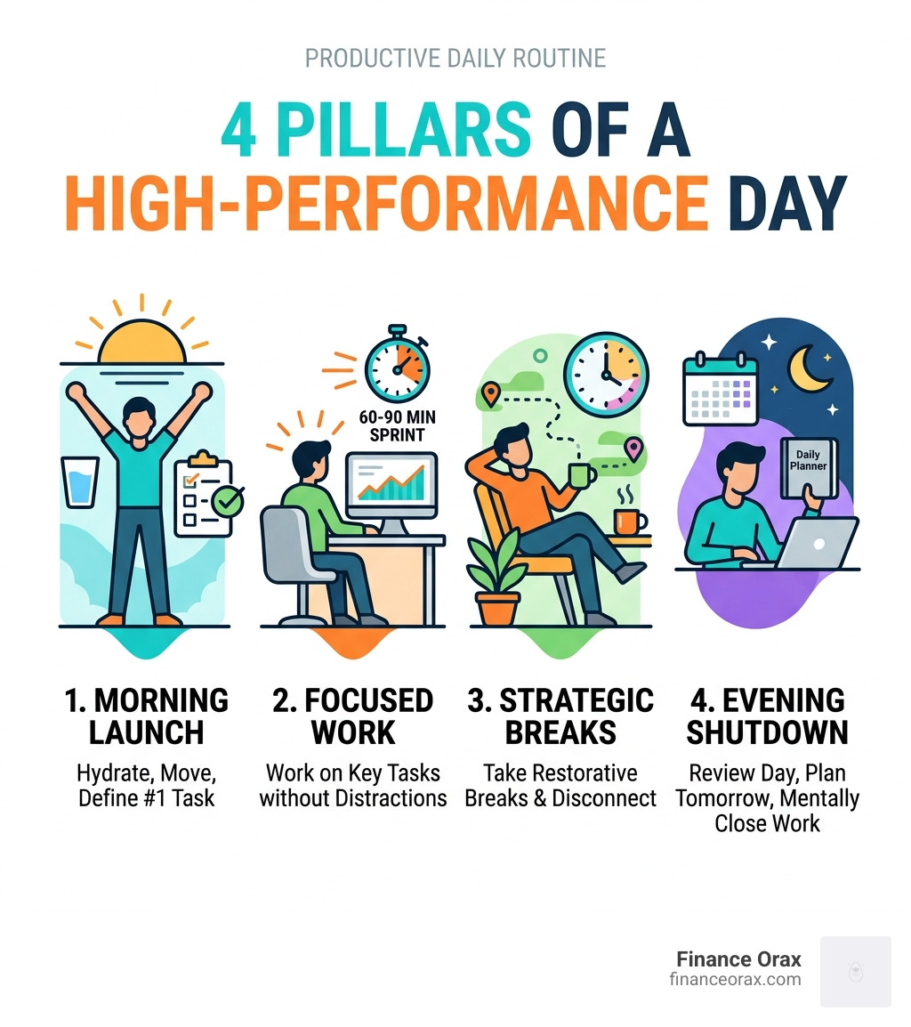 4 pillars of a high-performance day: Morning Launch, Focused Work, Strategic Breaks, Evening Shutdown - Productive daily 4 pillars of a high-performance day: Morning Launch, Focused Work, Strategic Breaks, Evening Shutdown - Productive daily