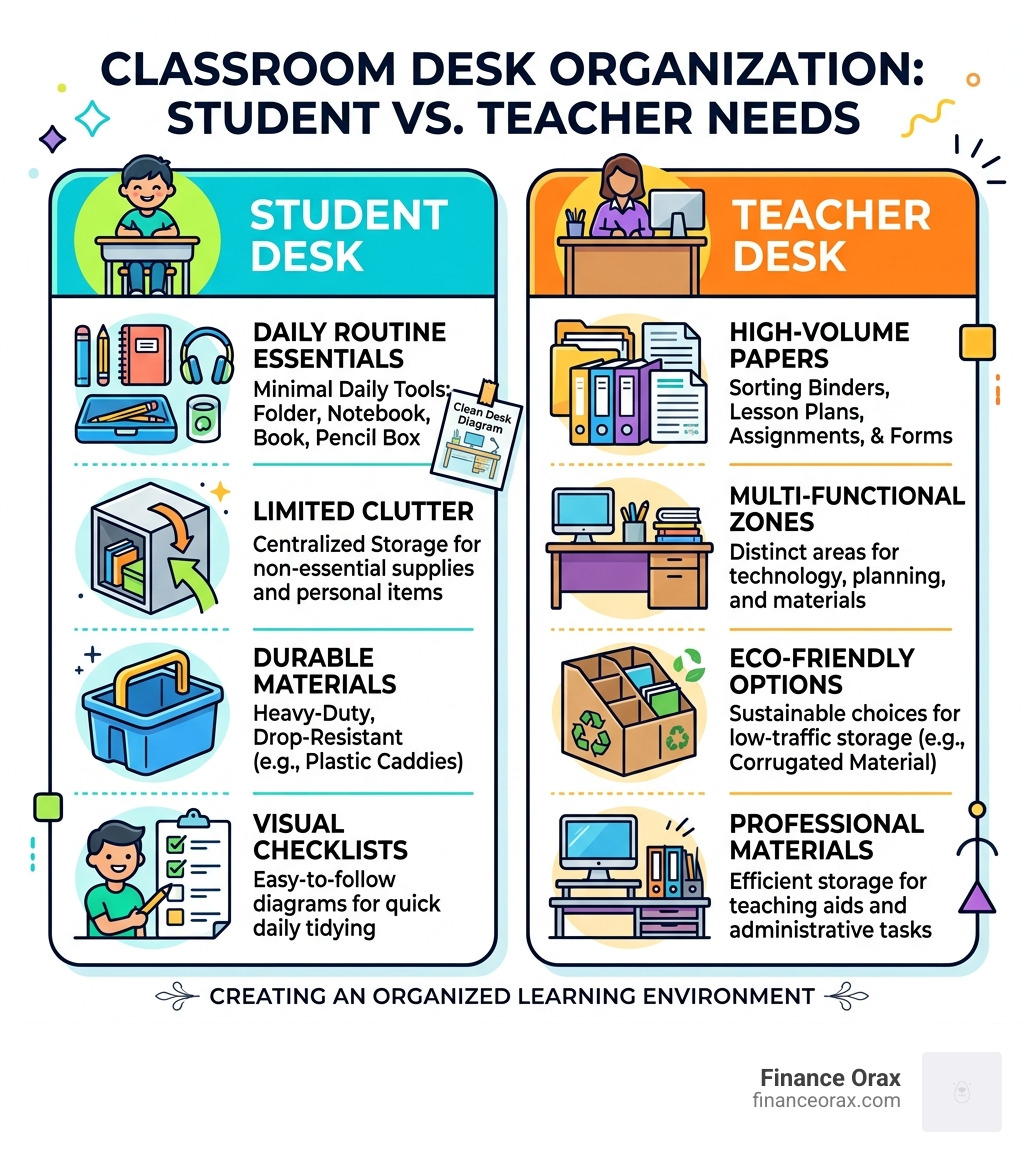 Infographic comparing student desk organization vs. teacher desk organization needs - classroom desk organizer infographic 